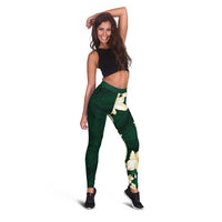 Hawaii Hibiscus Plumeria Green Leggings Polynesian Pattern