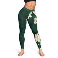 Hawaii Hibiscus Plumeria Green Leggings Polynesian Pattern