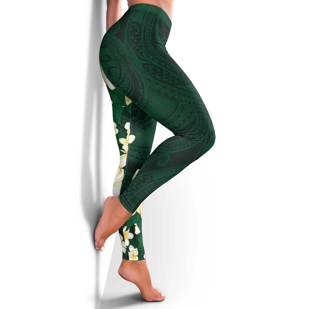 Hawaii Hibiscus Plumeria Green Leggings Polynesian Pattern