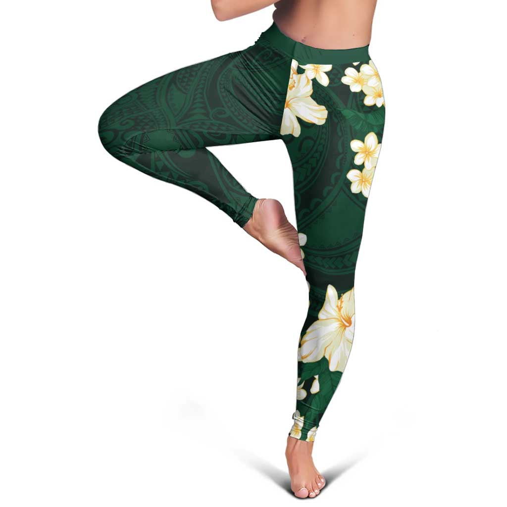 Hawaii Hibiscus Plumeria Green Leggings Polynesian Pattern
