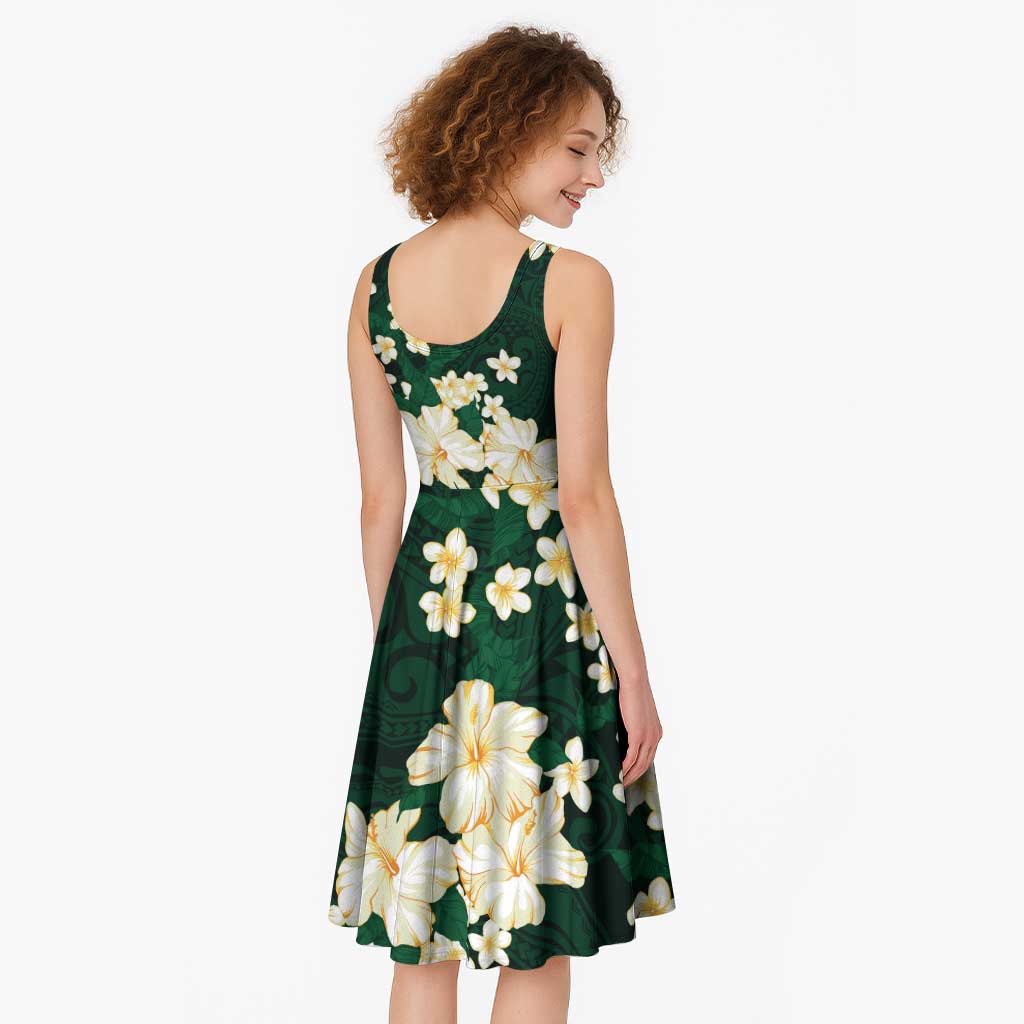 Hawaii Hibiscus Plumeria Green Midi Dress Polynesian Pattern