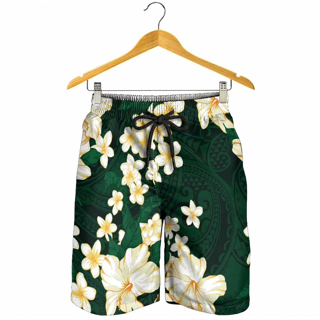 Hawaii Hibiscus Plumeria Green Shorts for Men Polynesian Pattern