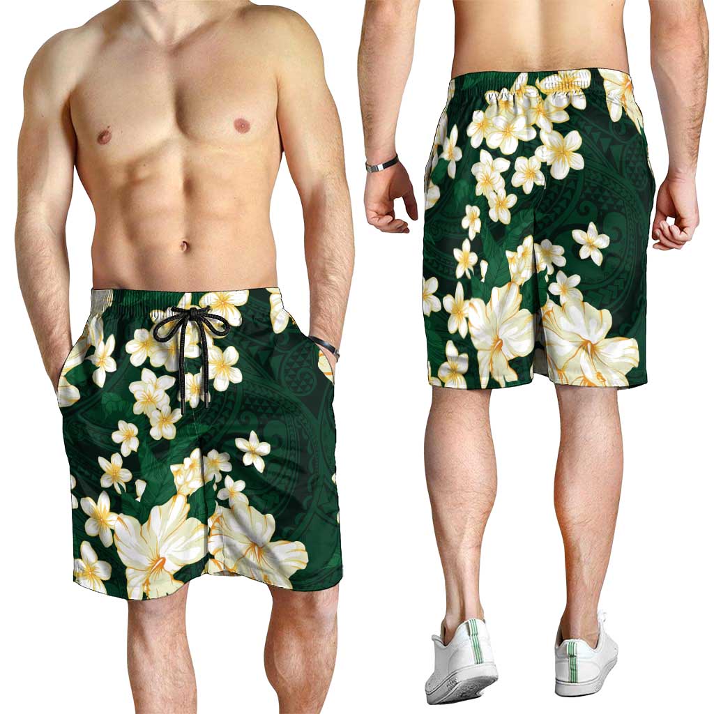 Hawaii Hibiscus Plumeria Green Shorts for Men Polynesian Pattern