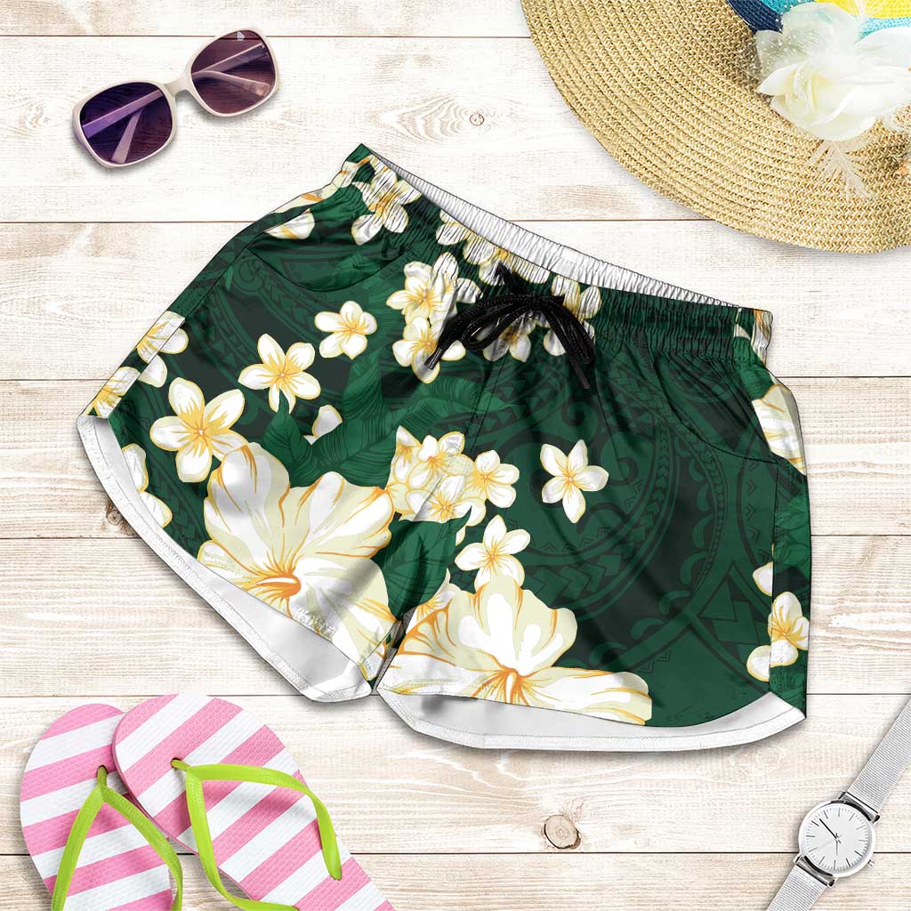 Hawaii Hibiscus Plumeria Green Shorts for Women Polynesian Pattern