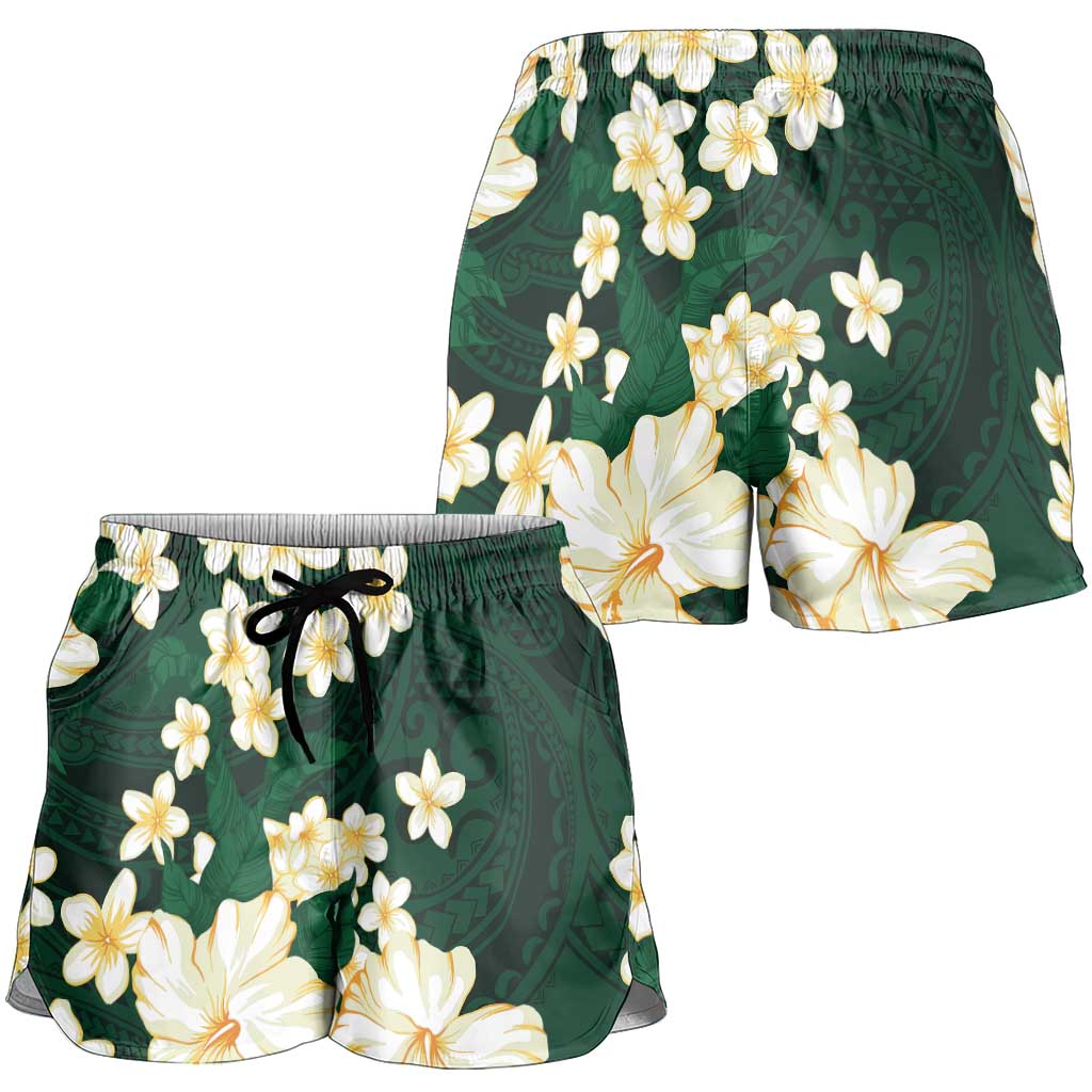 Hawaii Hibiscus Plumeria Green Shorts for Women Polynesian Pattern
