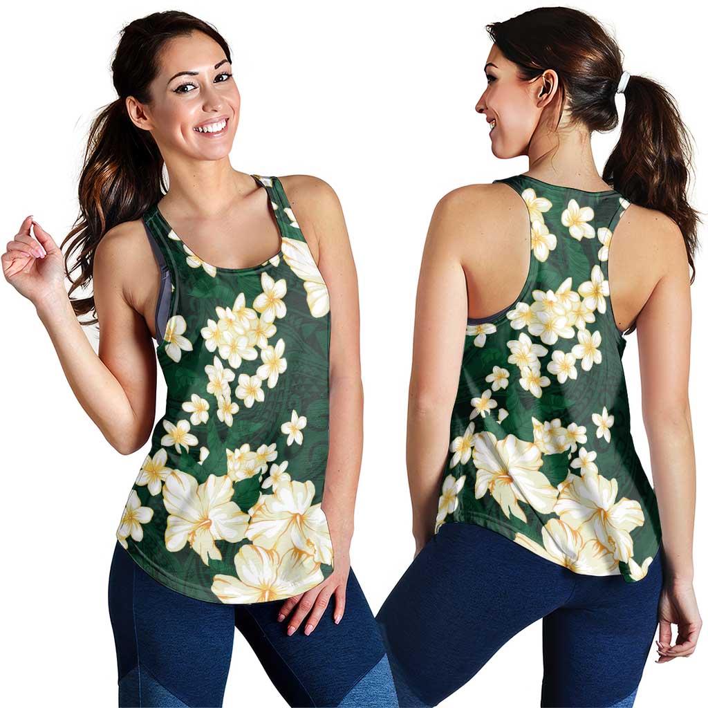 Hawaii Hibiscus Plumeria Green Women Racerback Tank Polynesian Pattern