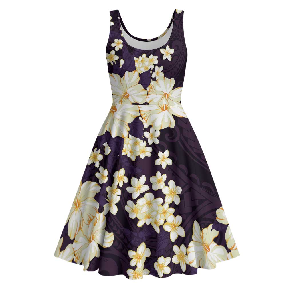 Hawaii Hibiscus Plumeria Purple Midi Dress Polynesian Pattern