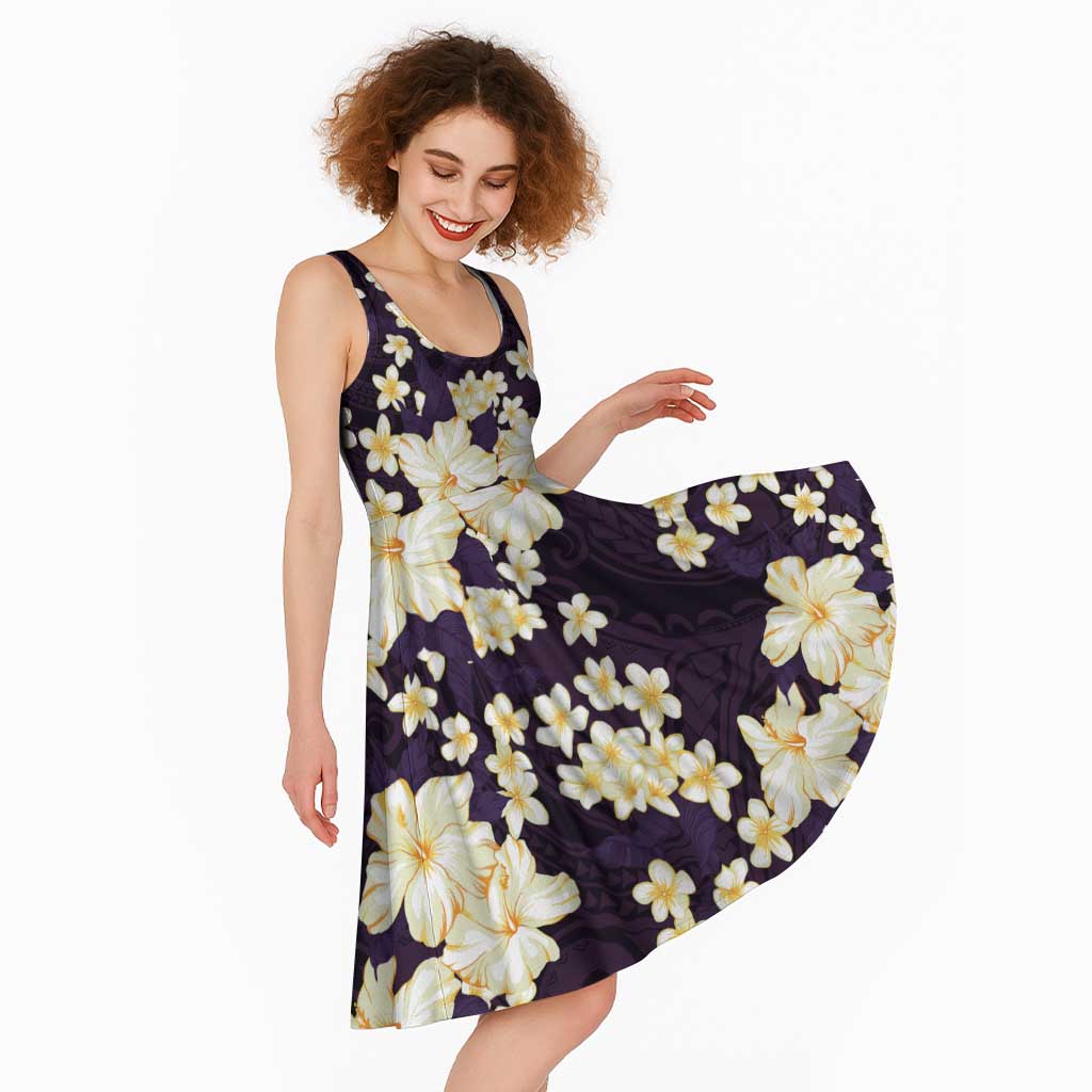 Hawaii Hibiscus Plumeria Purple Midi Dress Polynesian Pattern