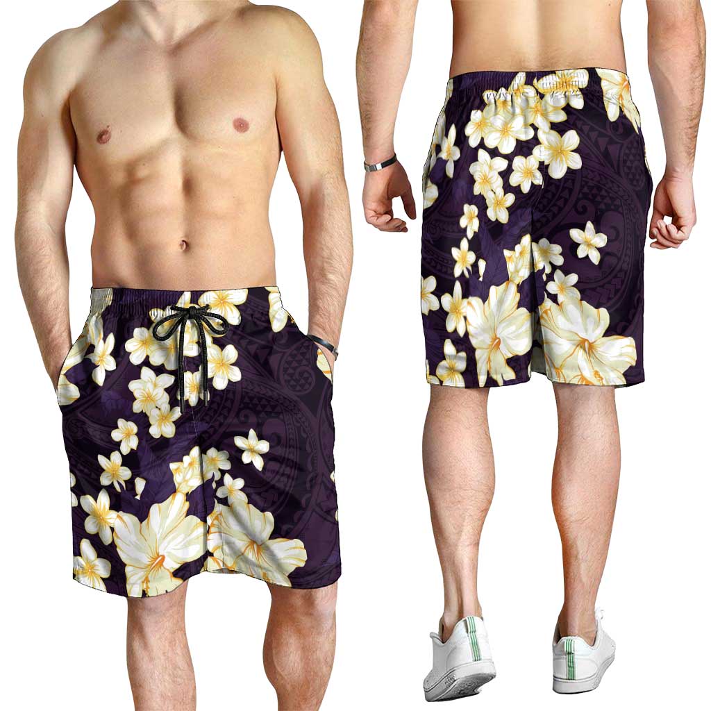 Hawaii Hibiscus Plumeria Purple Shorts for Men Polynesian Pattern LT01 - Polynesian Pride