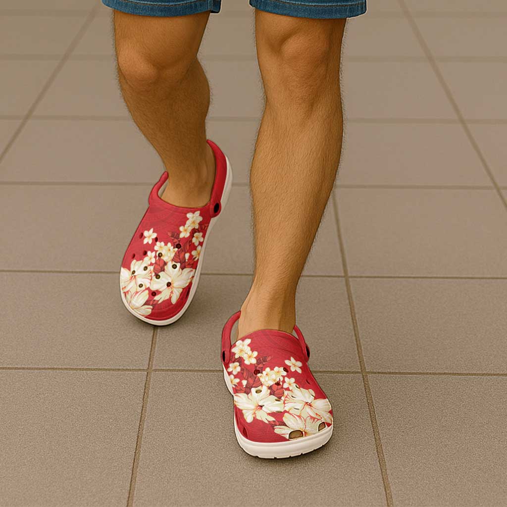 Hawaii Hibiscus Plumeria Red Clogs Shoes Polynesian Pattern LT01 - Polynesian Pride