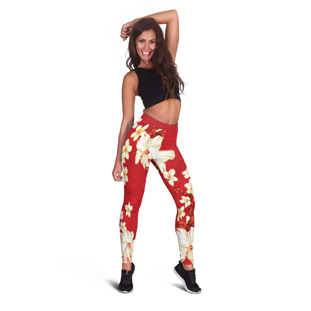 Hawaii Hibiscus Plumeria Red Leggings Polynesian Pattern LT01 - Polynesian Pride
