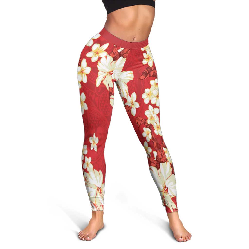 Hawaii Hibiscus Plumeria Red Leggings Polynesian Pattern LT01 - Polynesian Pride