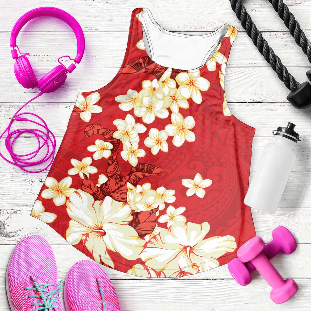 Hawaii Hibiscus Plumeria Red Women Racerback Tank Polynesian Pattern