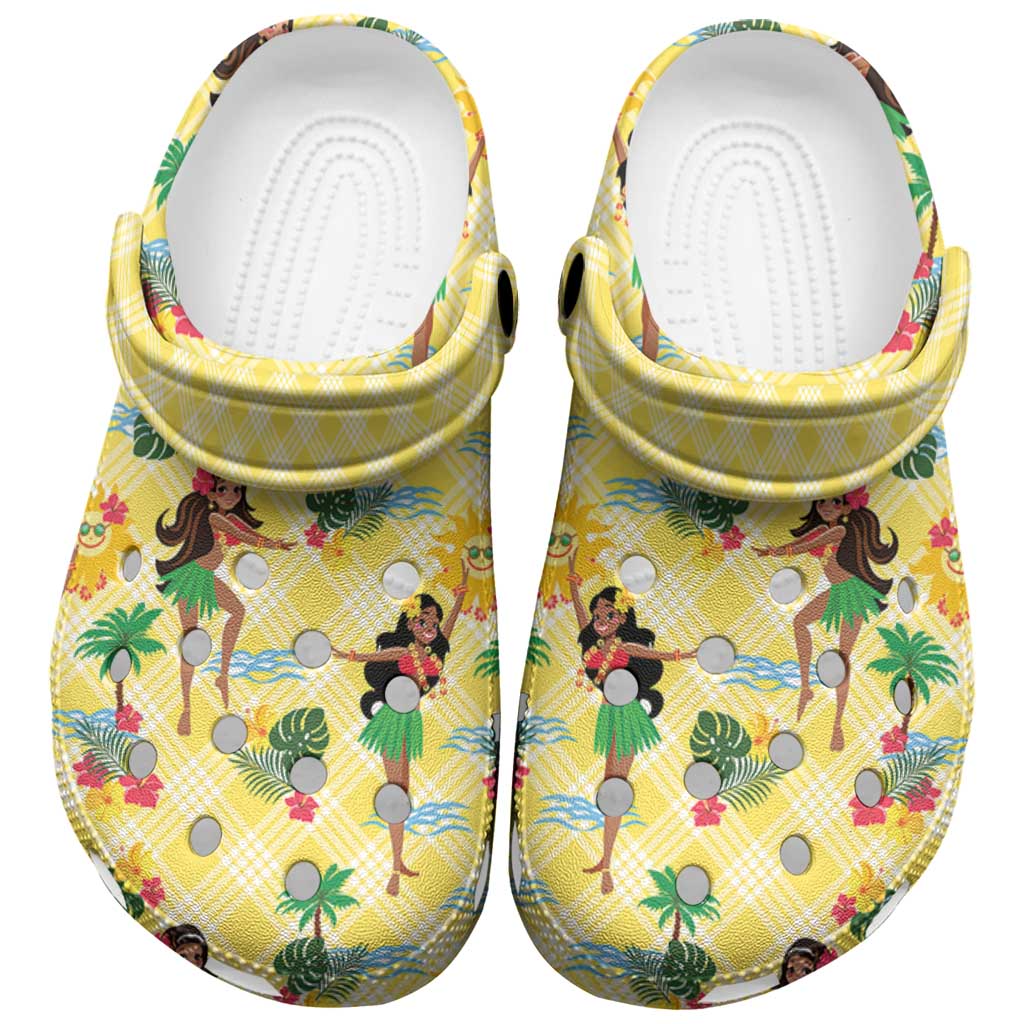 Hawaii Hula Girl Tropical Clogs Shoes Yellow Palaka