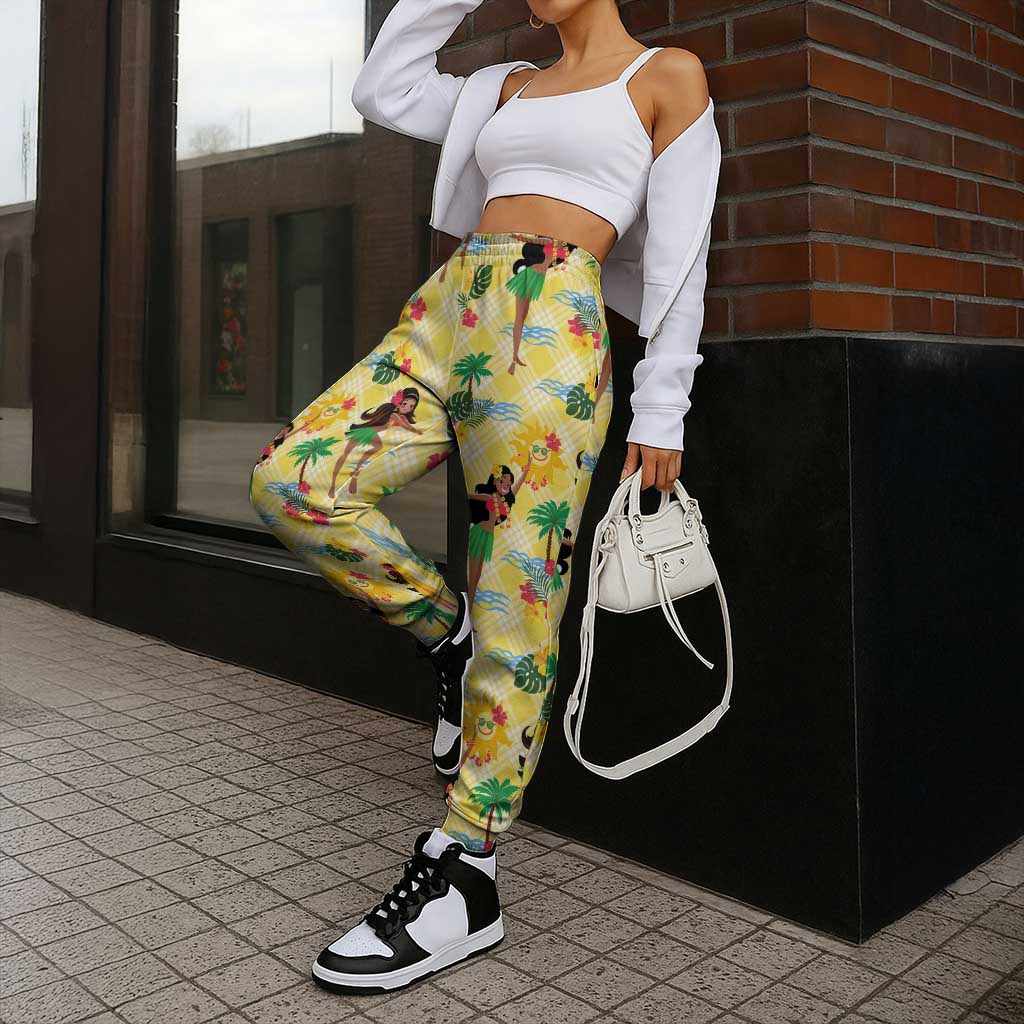 Hawaii Hula Girl Tropical Jogger Pants Yellow Palaka
