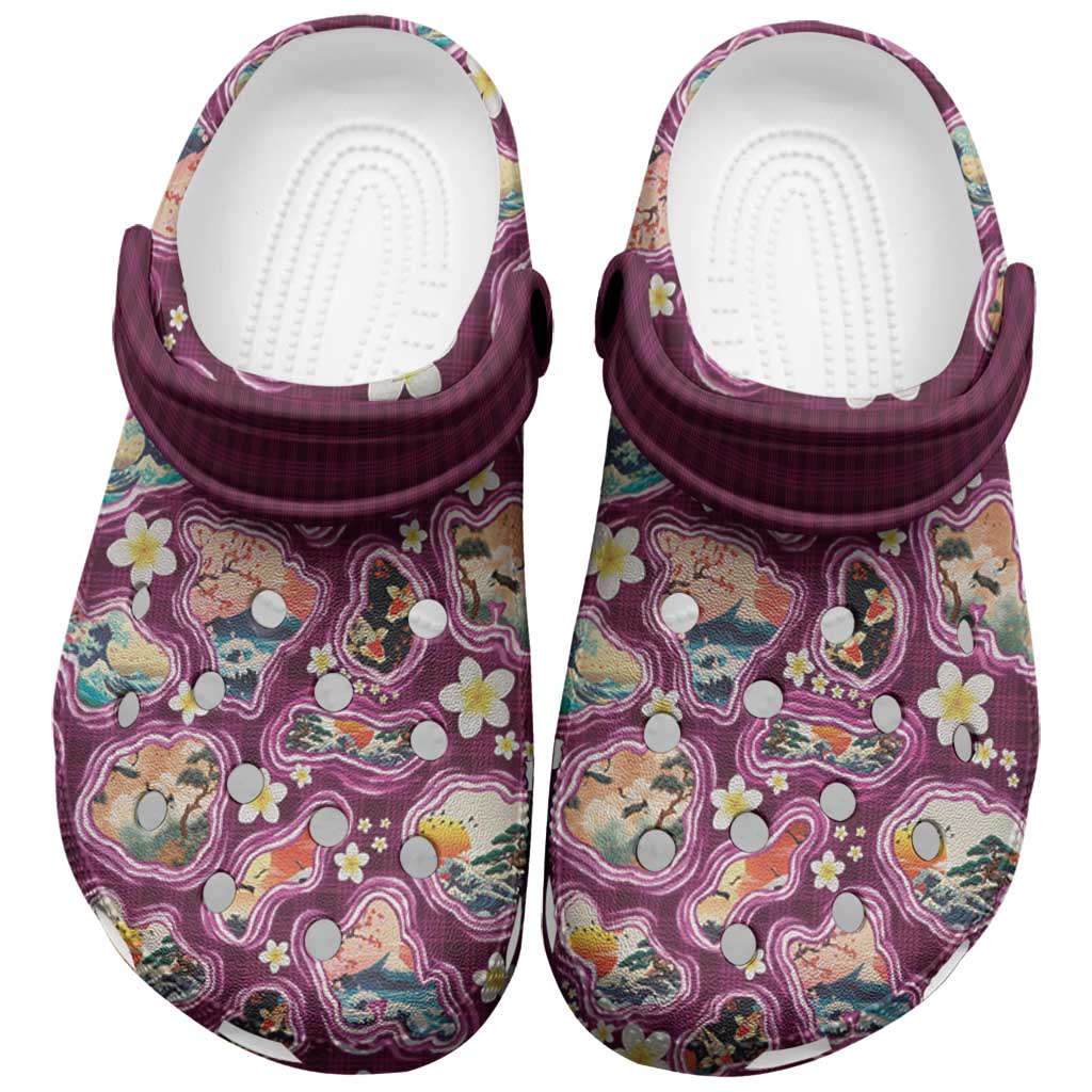 Hawaii Islands Map Design with Japanese Landscape Clogs Shoes Hawaiian Japan Fusion Art Pink Color