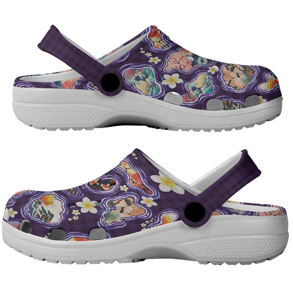 Hawaii Islands Map Design with Japanese Landscape Clogs Shoes Hawaiian Japan Fusion Art Purple Color