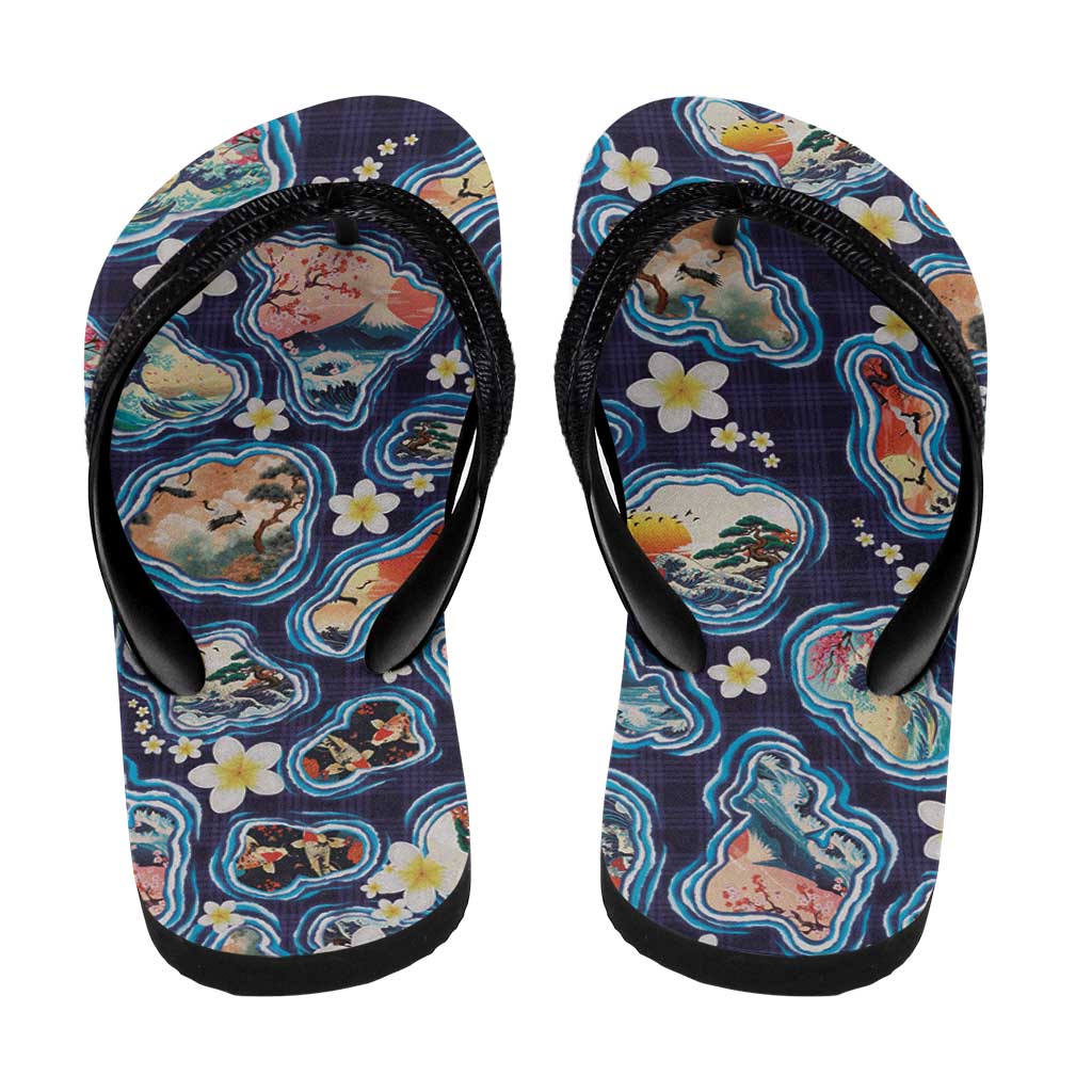 Hawaii Islands Map Design with Japanese Landscape Flip Flops Hawaiian Japan Fusion Art Navy Color