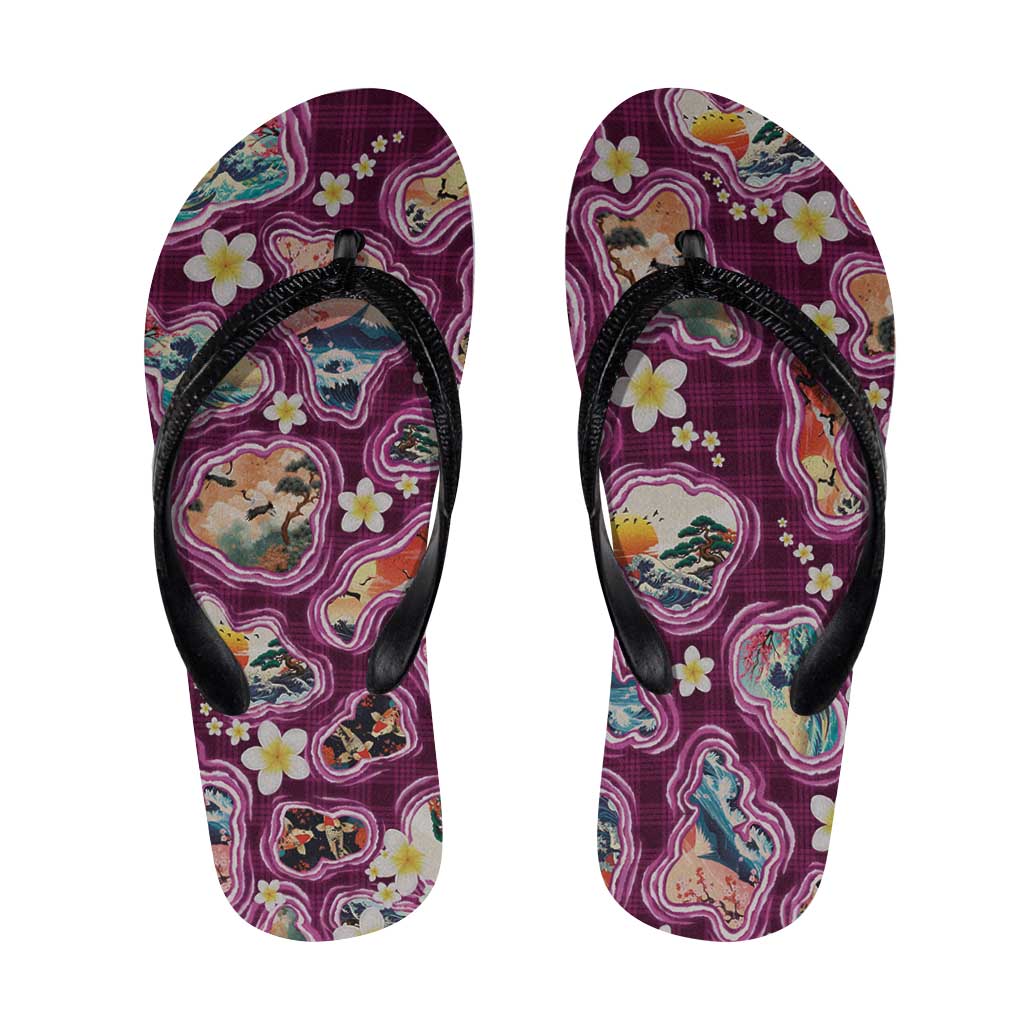 Hawaii Islands Map Design with Japanese Landscape Flip Flops Hawaiian Japan Fusion Art Pink Color