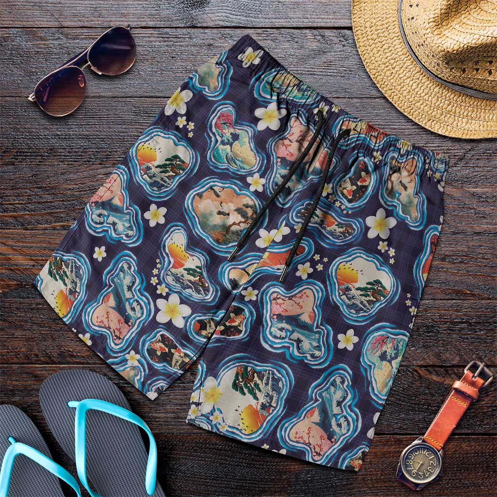 Hawaii Islands Map Design with Japanese Landscape Shorts for Men Hawaiian Japan Fusion Art Navy Color