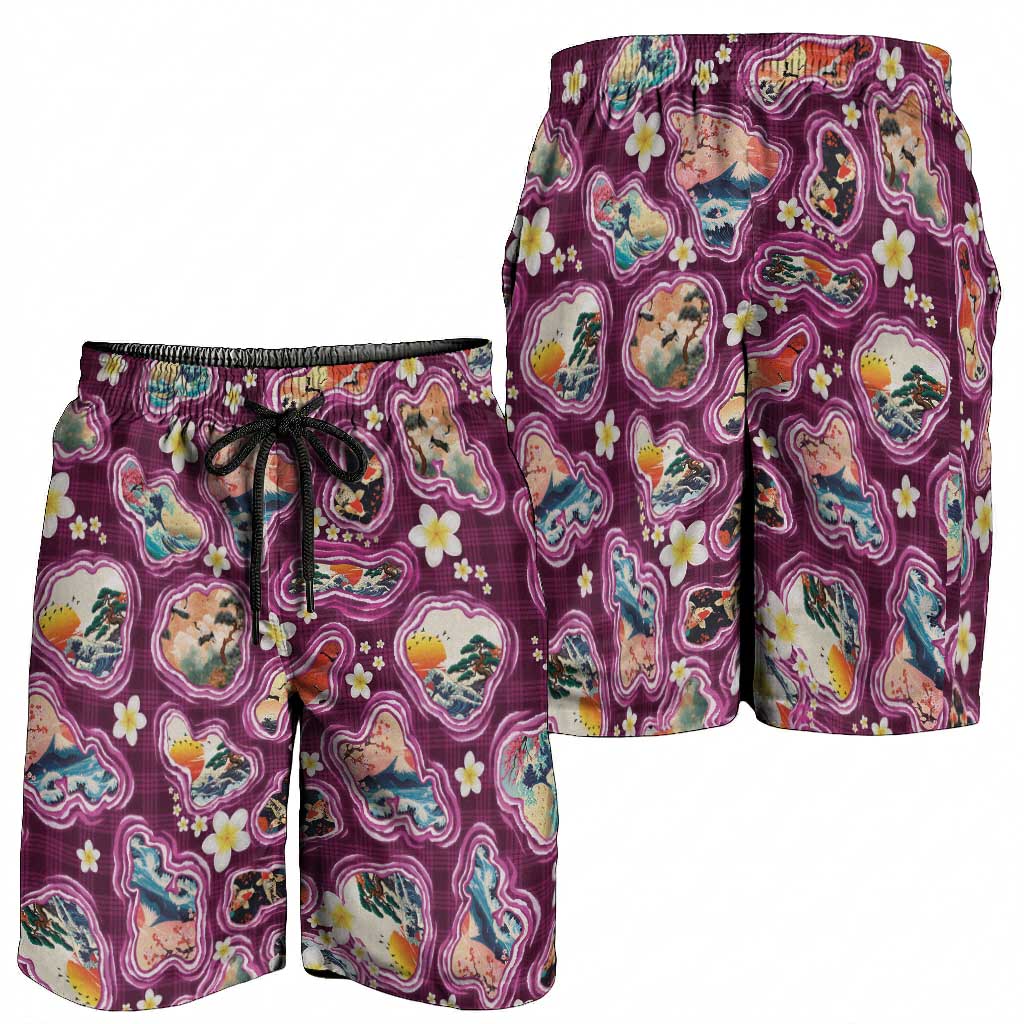 Hawaii Islands Map Design with Japanese Landscape Shorts for Men Hawaiian Japan Fusion Art Pink Color