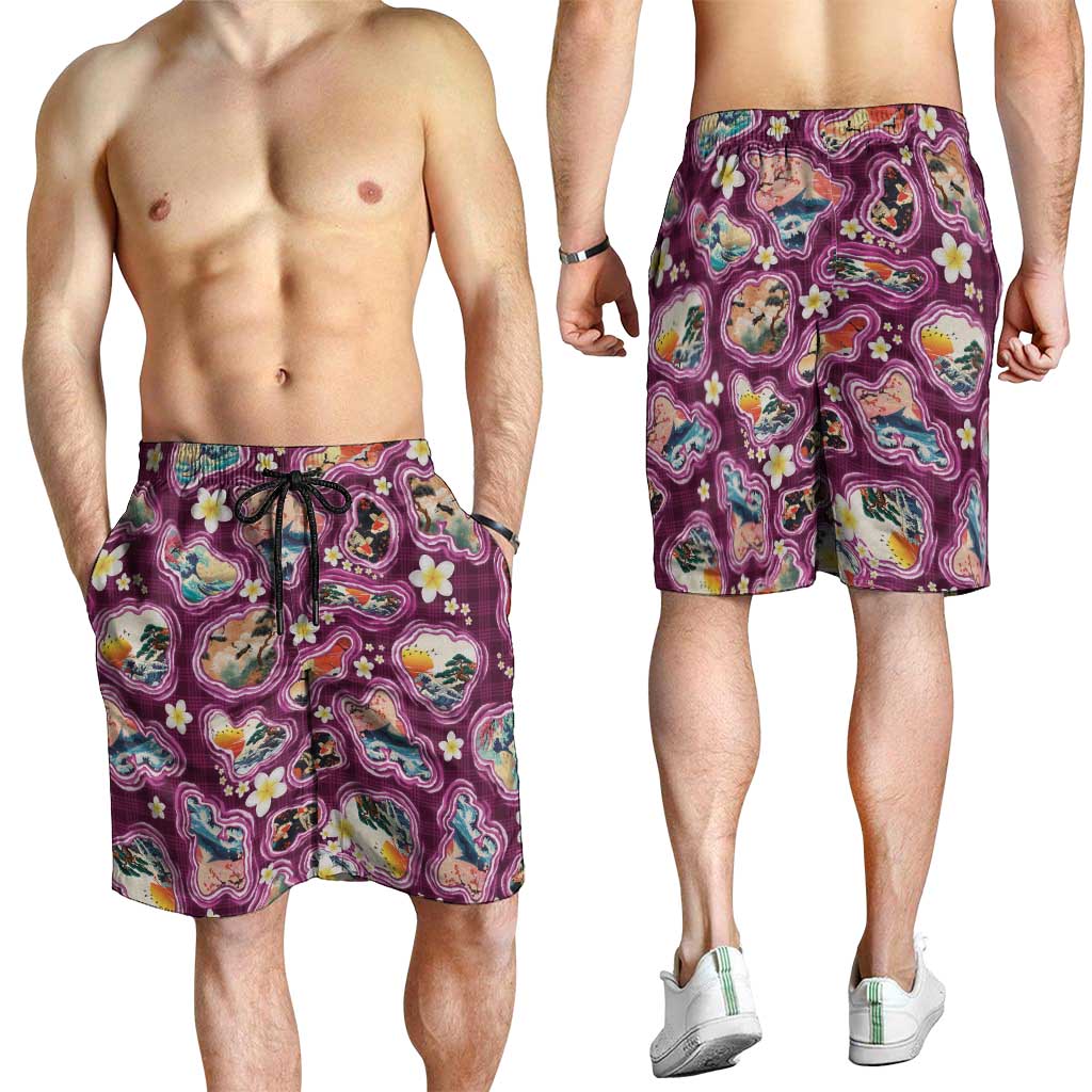 Hawaii Islands Map Design with Japanese Landscape Shorts for Men Hawaiian Japan Fusion Art Pink Color