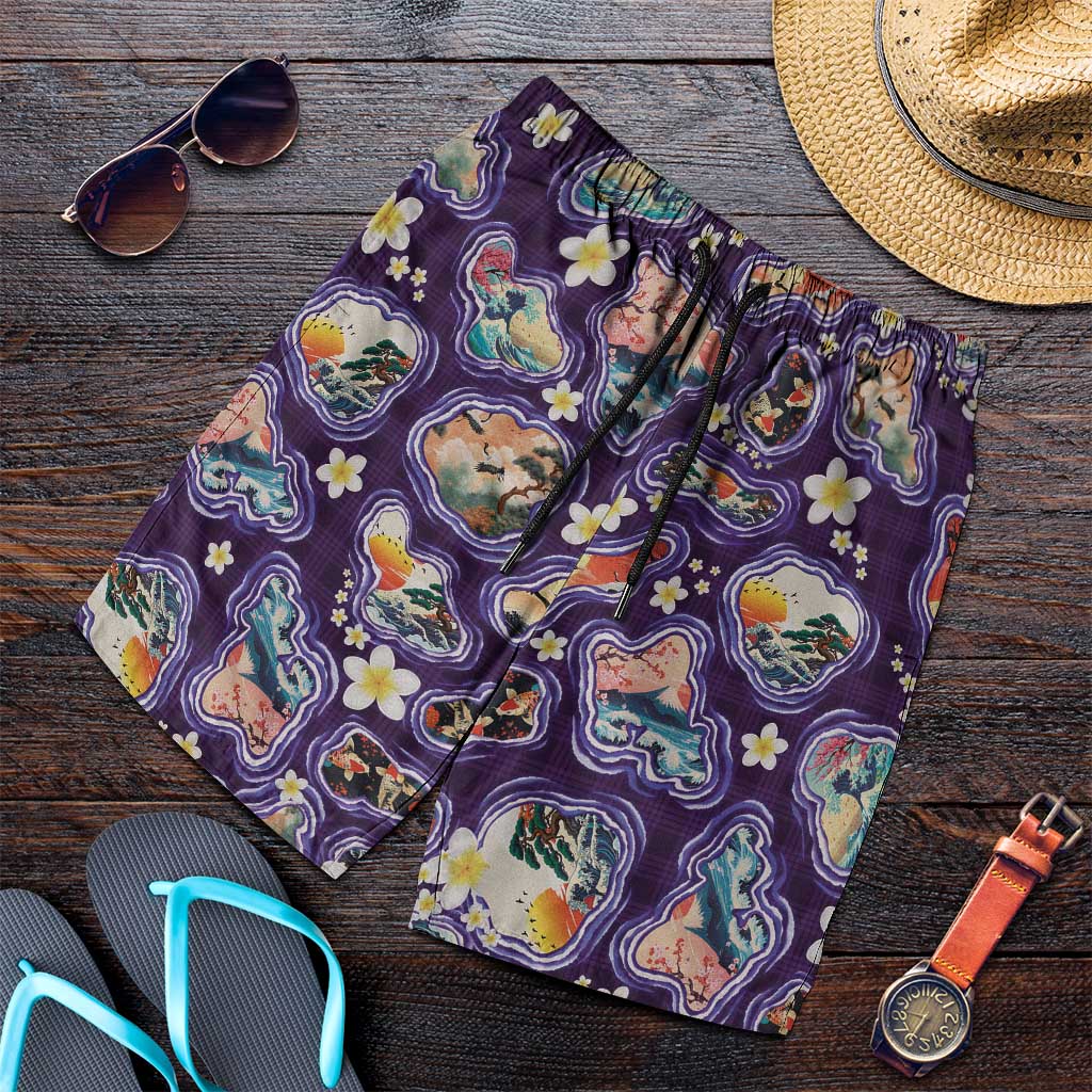 Hawaii Islands Map Design with Japanese Landscape Shorts for Men Hawaiian Japan Fusion Art Purple Color