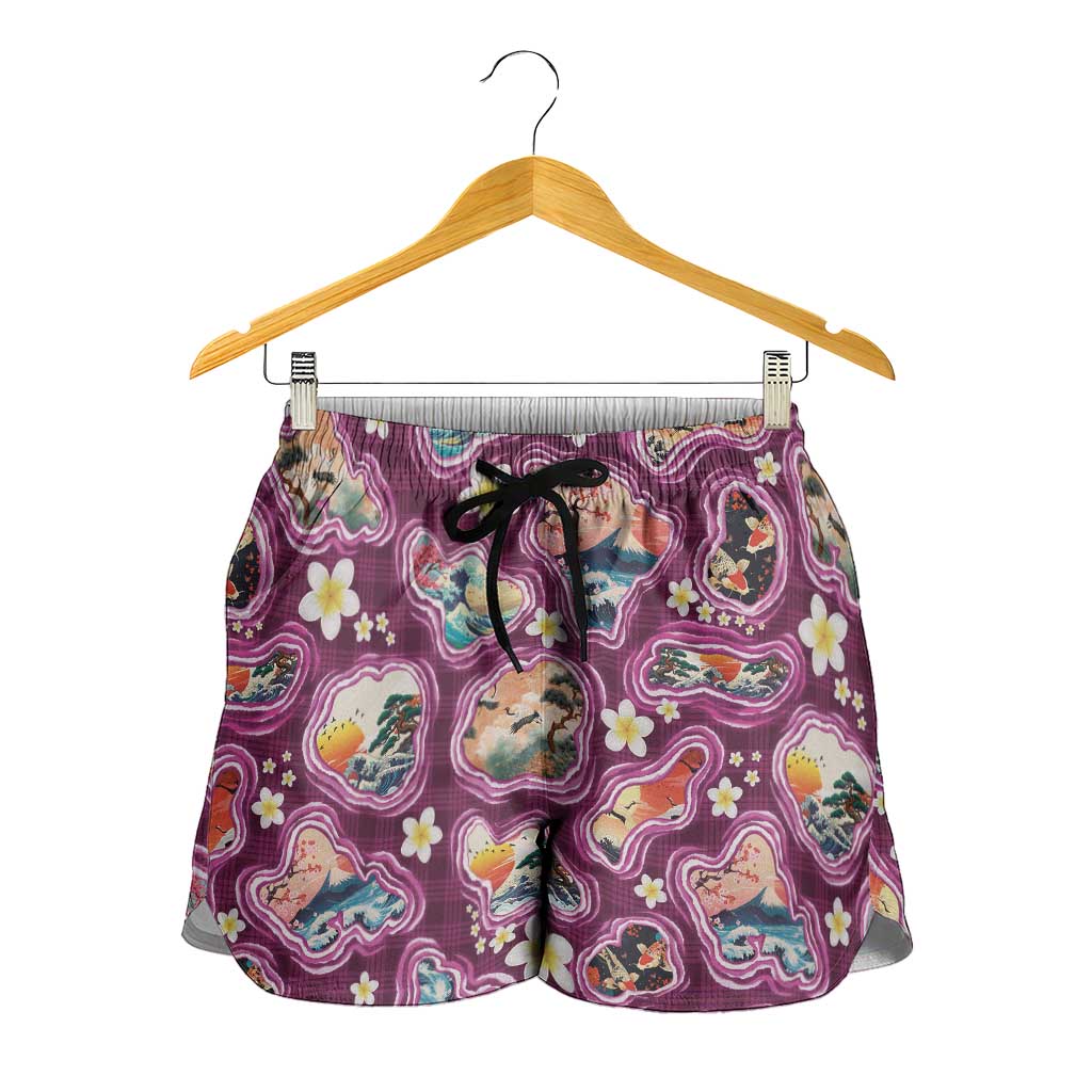 Hawaii Islands Map Design with Japanese Landscape Shorts for Women Hawaiian Japan Fusion Art Pink Color LT03 - Polynesian Pride