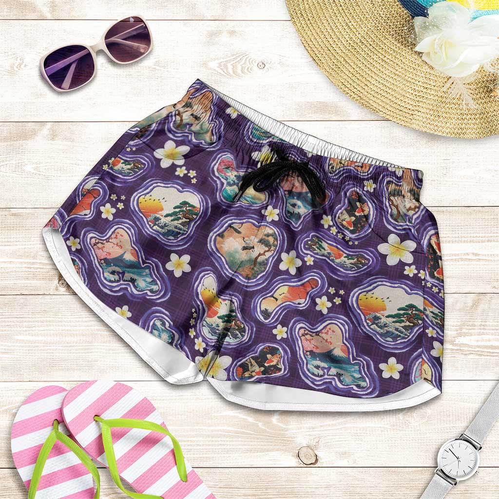 Hawaii Islands Map Design with Japanese Landscape Shorts for Women Hawaiian Japan Fusion Art Purple Color LT03 Purple - Polynesian Pride