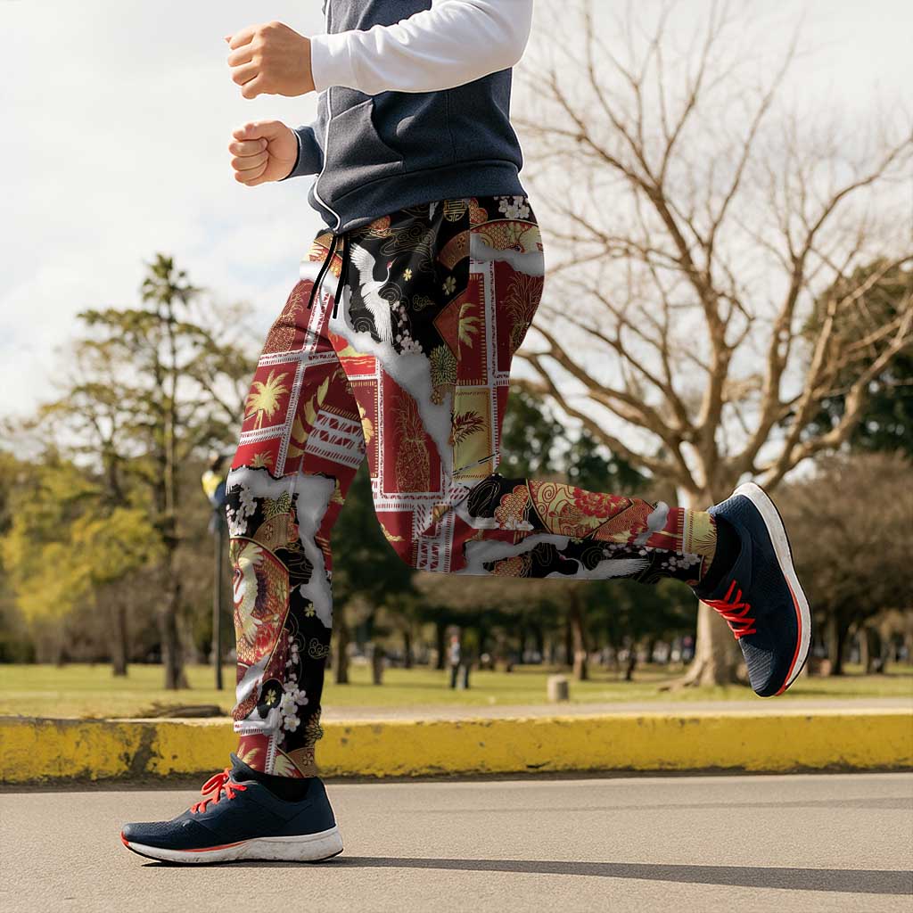 Hawaii Japanese Culture Black Jogger Pants Spring Cranes Aloha Pattern