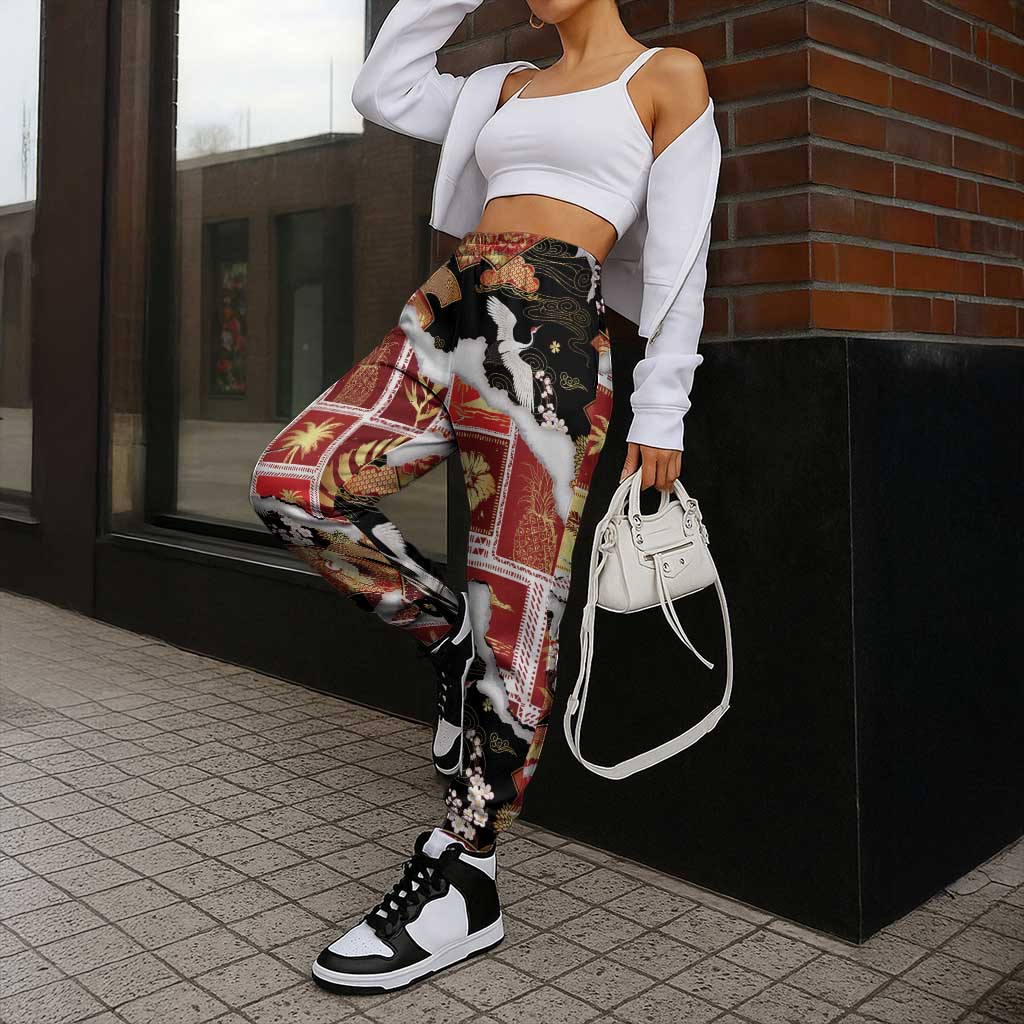 Hawaii Japanese Culture Black Jogger Pants Spring Cranes Aloha Pattern