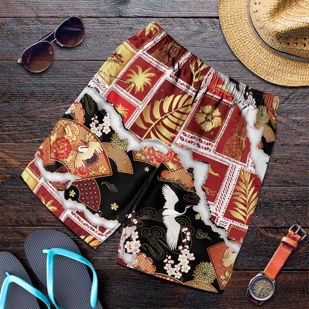 Hawaii Japanese Culture Black Shorts for Men Spring Cranes Aloha Pattern