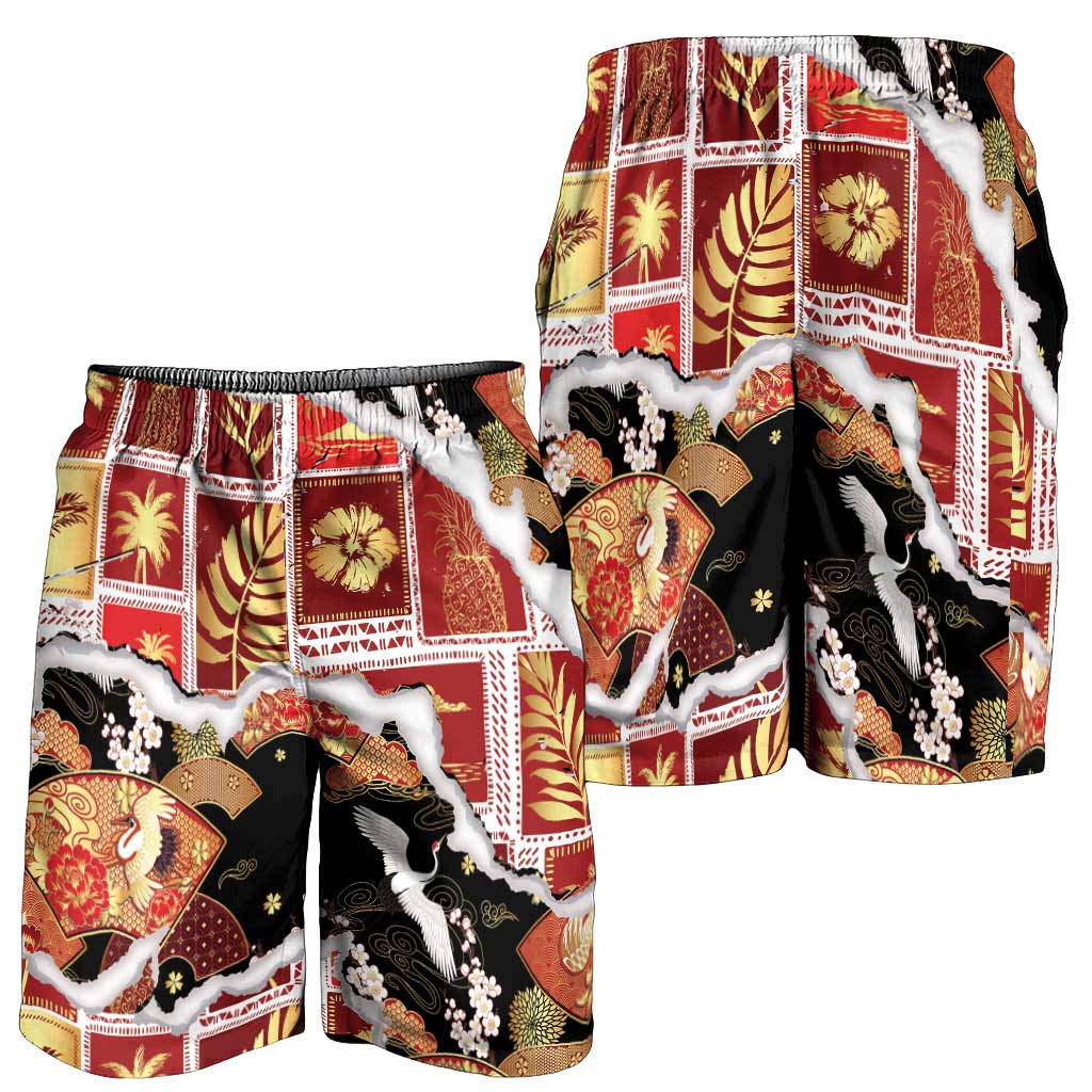 Hawaii Japanese Culture Black Shorts for Men Spring Cranes Aloha Pattern