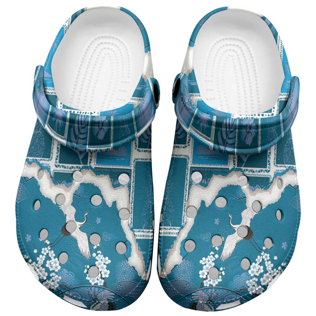 Hawaii Japanese Culture Blue Clogs Shoes Spring Cranes Aloha Pattern