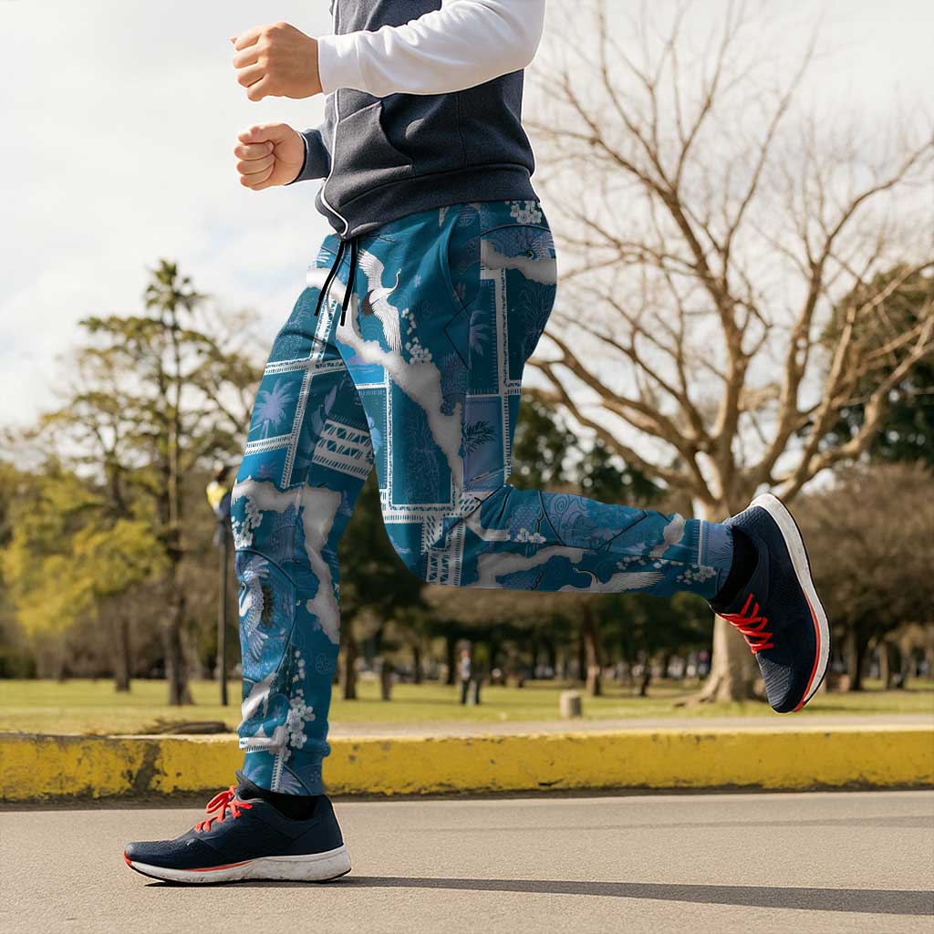 Hawaii Japanese Culture Blue Jogger Pants Spring Cranes Aloha Pattern