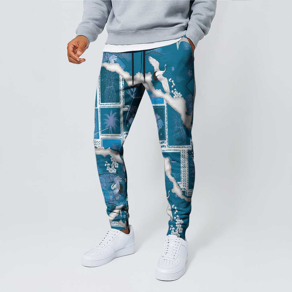 Hawaii Japanese Culture Blue Jogger Pants Spring Cranes Aloha Pattern