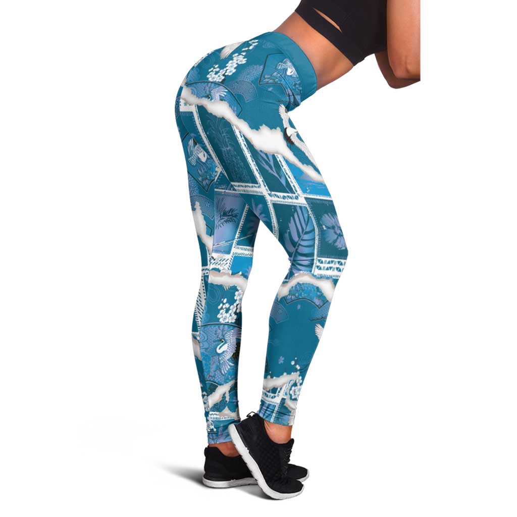Hawaii Japanese Culture Blue Leggings Spring Cranes Aloha Pattern
