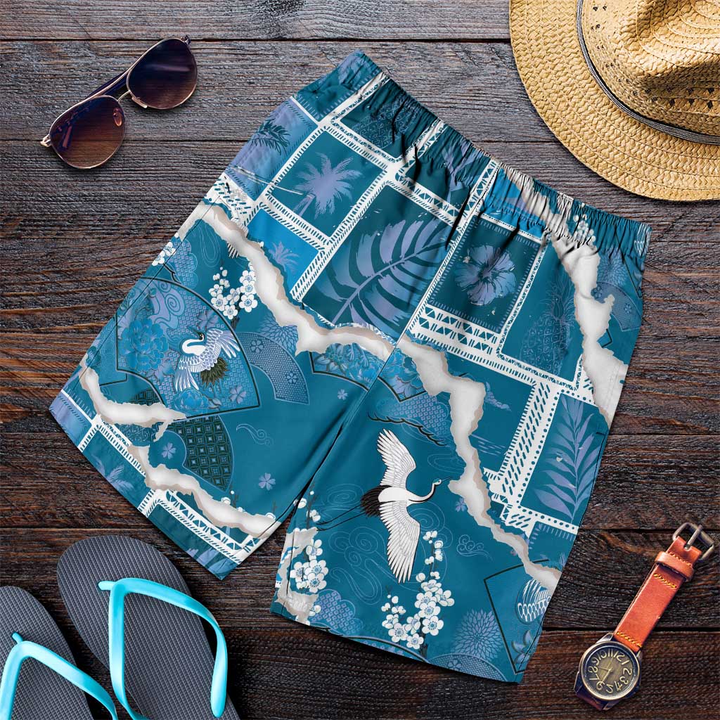Hawaii Japanese Culture Blue Shorts for Men Spring Cranes Aloha Pattern