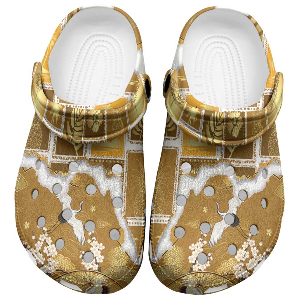 Hawaii Japanese Culture Gold Clogs Shoes Spring Cranes Aloha Pattern