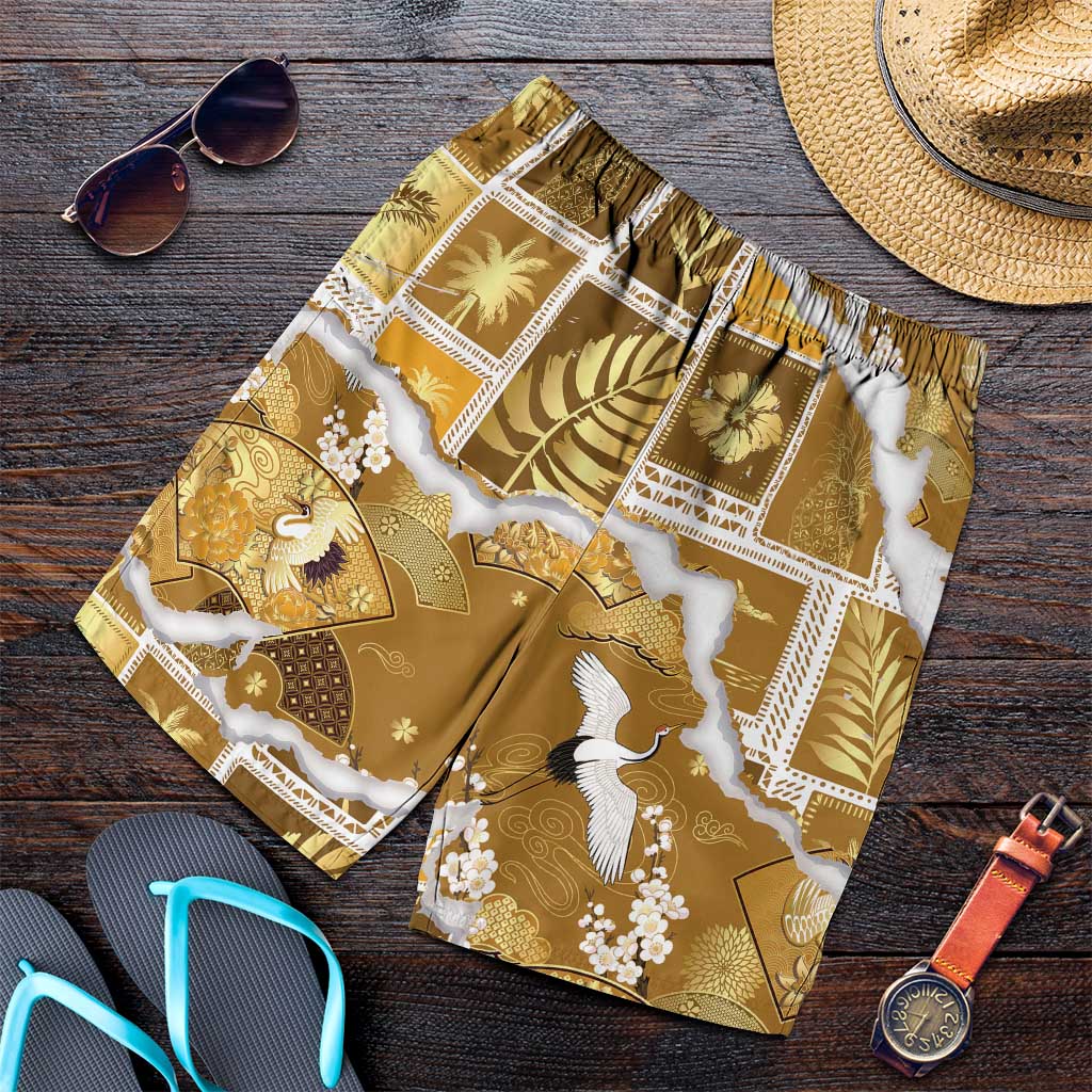 Hawaii Japanese Culture Gold Shorts for Men Spring Cranes Aloha Pattern