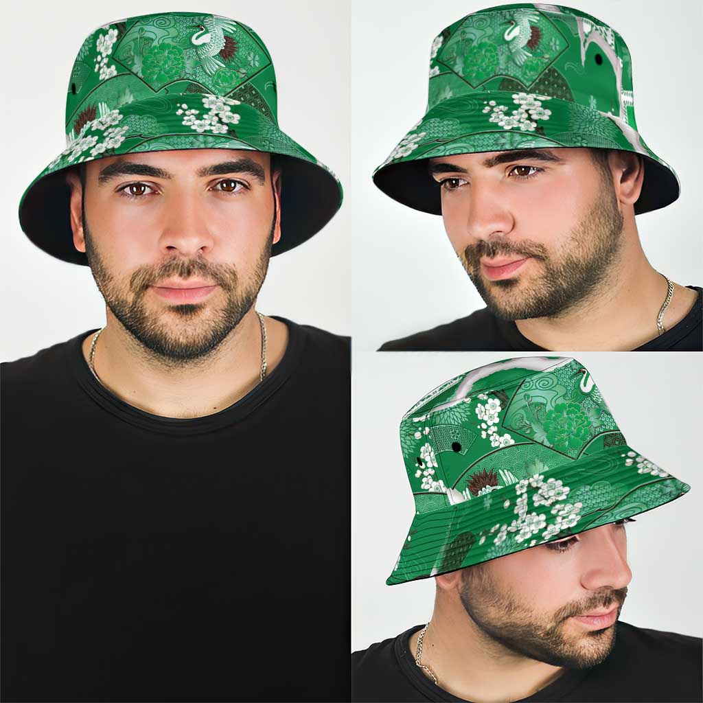 Hawaii Japanese Culture Green Bucket Hat Spring Cranes Aloha Pattern