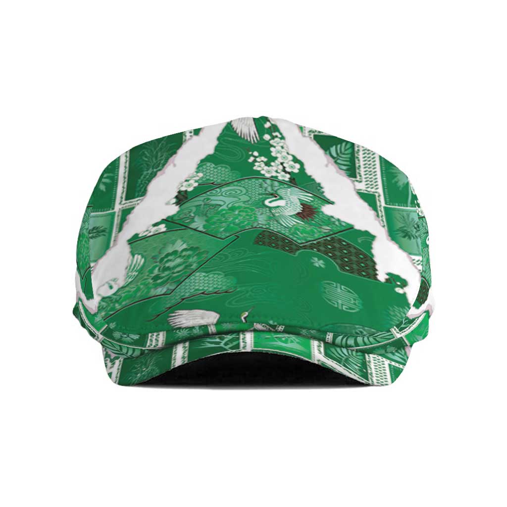 Hawaii Japanese Culture Green Jeff Hat Spring Cranes Aloha Pattern