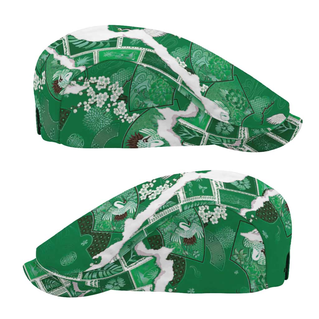 Hawaii Japanese Culture Green Jeff Hat Spring Cranes Aloha Pattern
