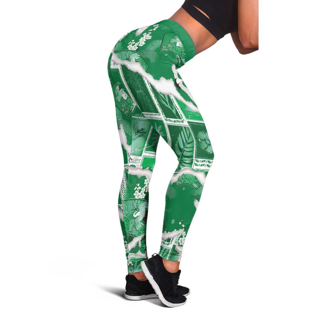 Hawaii Japanese Culture Green Leggings Spring Cranes Aloha Pattern