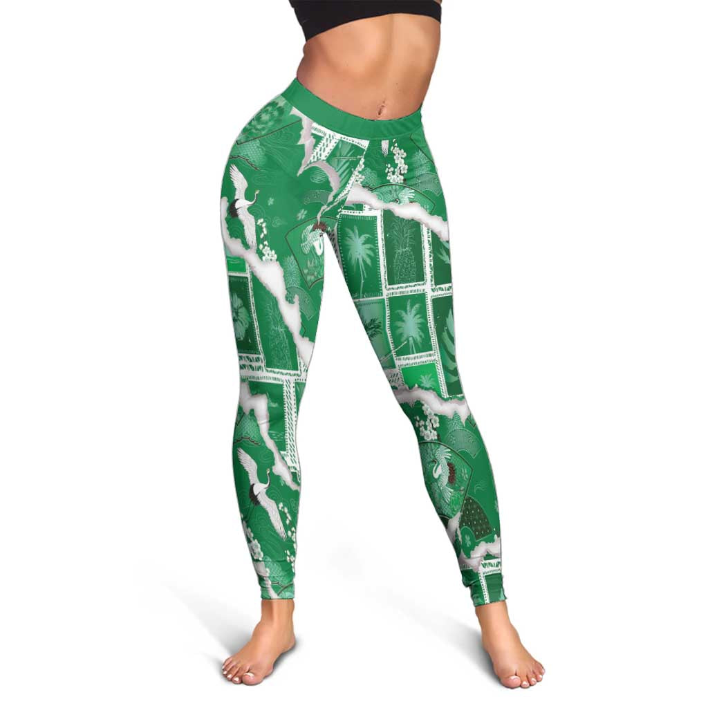 Hawaii Japanese Culture Green Leggings Spring Cranes Aloha Pattern