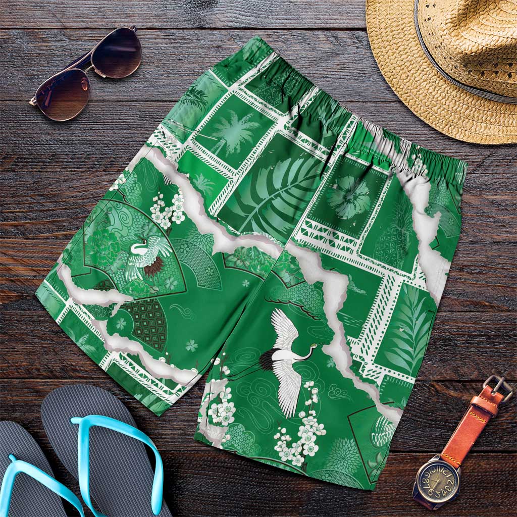Hawaii Japanese Culture Green Shorts for Men Spring Cranes Aloha Pattern