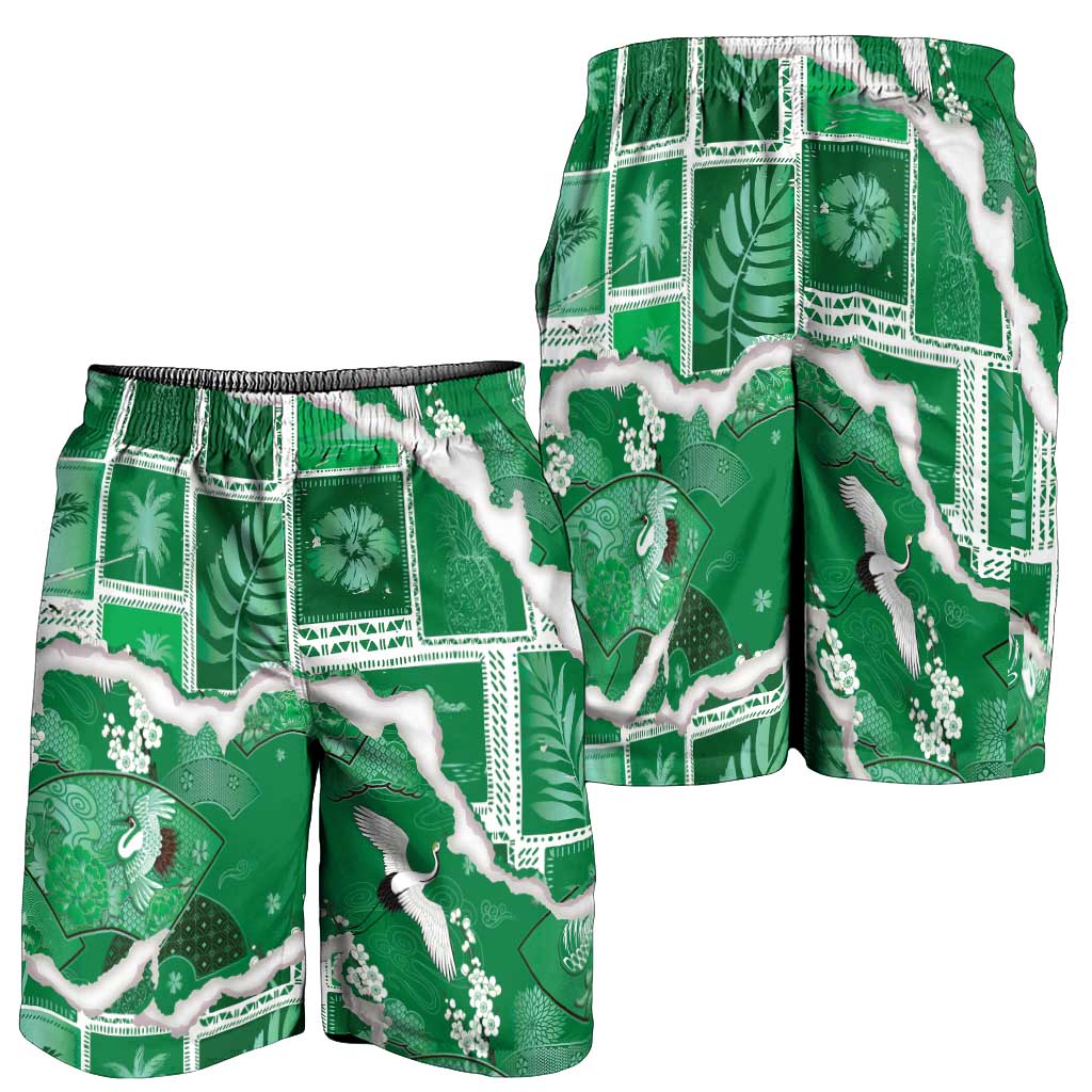 Hawaii Japanese Culture Green Shorts for Men Spring Cranes Aloha Pattern