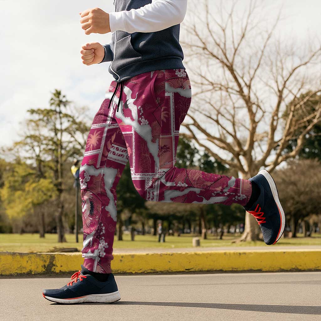 Hawaii Japanese Culture Pink Jogger Pants Spring Cranes Aloha Pattern