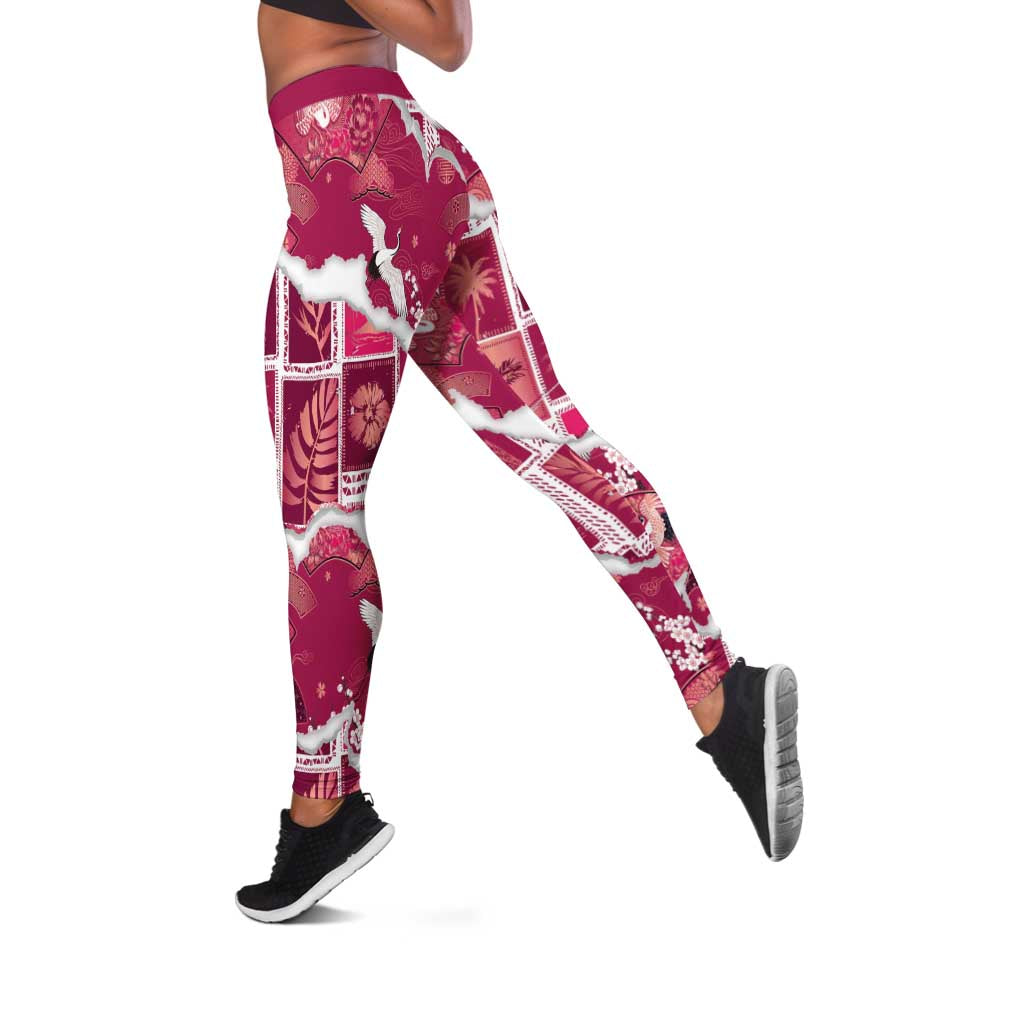 Hawaii Japanese Culture Pink Leggings Spring Cranes Aloha Pattern