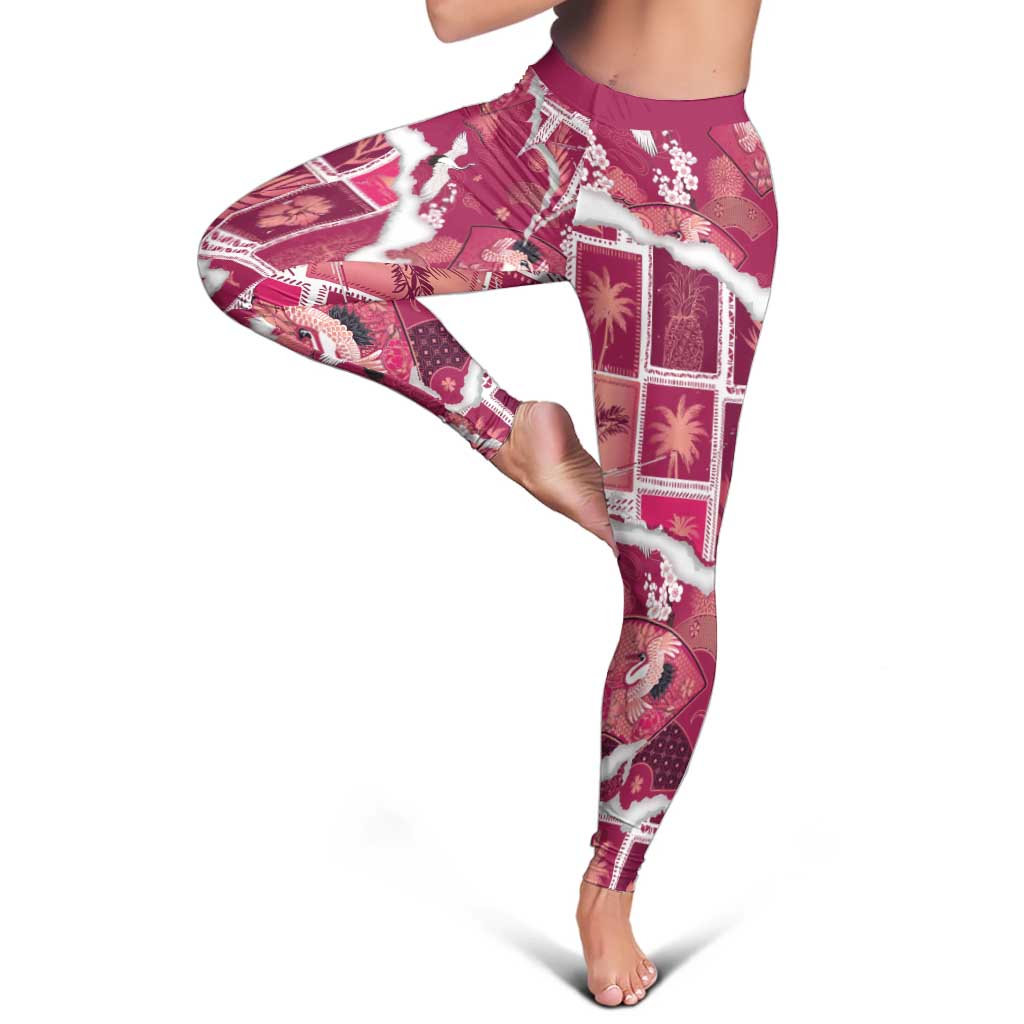 Hawaii Japanese Culture Pink Leggings Spring Cranes Aloha Pattern